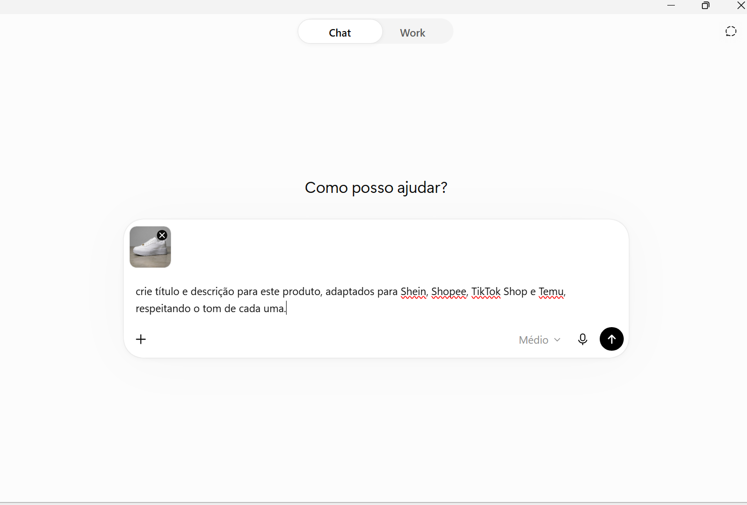 Print do prompt de ChatGPT para vendas com a foto do produto e o pedido de título e descrição para Shein, Shopee, TikTok Shop e Temu