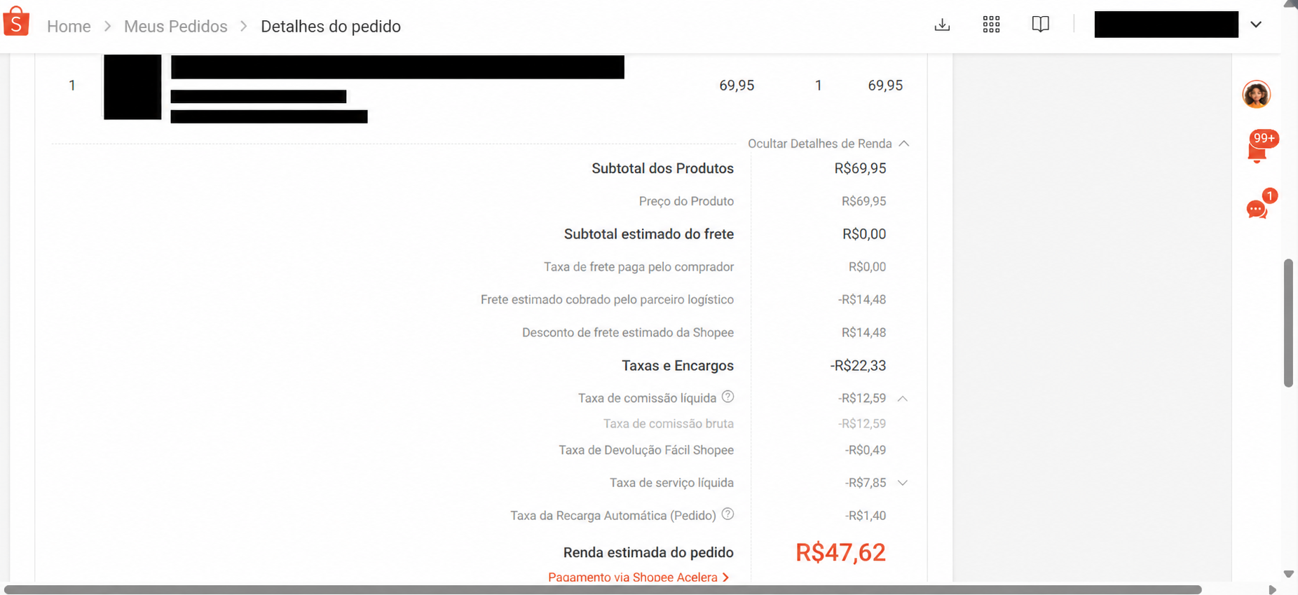 Detalhamento de taxas de um pedido na Shopee com informações da loja ocultadas
